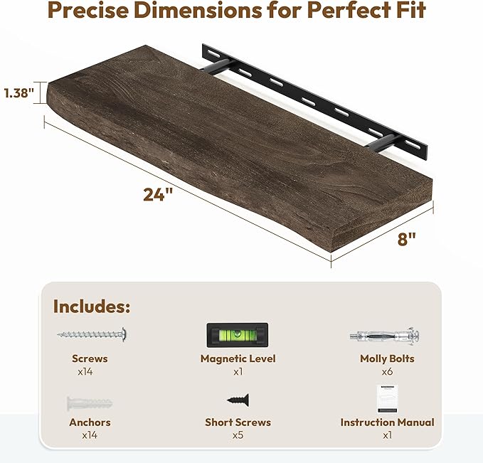 Vivelove Live Edge Floating Shelves 24 inch, Solid Elm Wood Wall Display Shelf with Invisible Bracket for Living Room Bedroom Bathroom Office, Rustic Farmhouse, 24x8x1.4 inch - Dark Walnut