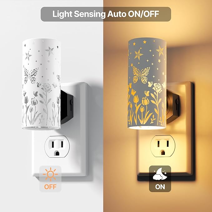 LED Night Lights Plug into Wall, 2-Pack 3000K Bright Plug in Nightlights, Dusk-to-Dawn, Dimmable 0-100LM, Auto-On/Off, Home Decor for Bedroom, Bathroom, Hallway, Kitchen, White Butterfly