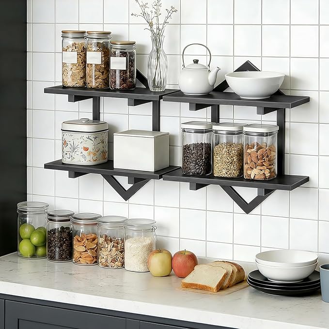 HOOBRO Floating Shelves, 15 Inch Wall Shelf Set of 2, Wall Mounted Storage Shelves 2-Tier, Hanging Bathroom Shelves, for Living Room, Bedroom, Bathroom, Kitchen, Black BB13BJP201