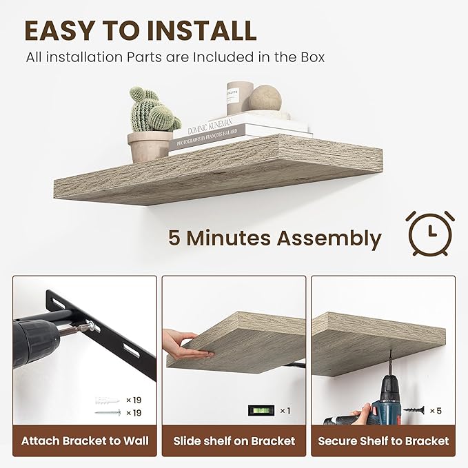 Acovy 72 inch Floating Shelves for Wall, 12 Inch Deep Floating Shelf, Hanging Shelf with Invisible Brackets, Rustic Wooden Wall Shelves for Bathroom, Bedroom, Living Room,Farmhouse Set of 1,Grey