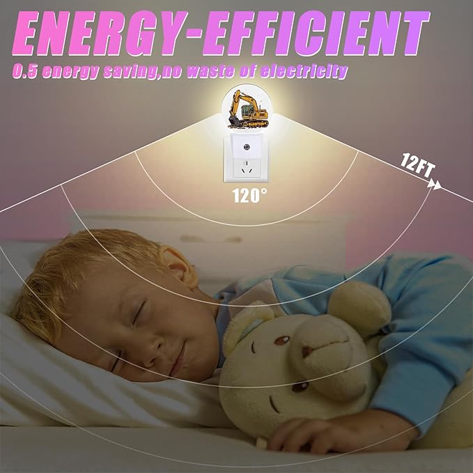 Cartoon Excavator Night Light Mechanical Construction Truck Night Lights LED Lamp Round Plug into Wall Nightlight with Dusk to Dawn Sensor Home Hallway Stairway Kitchen Decor