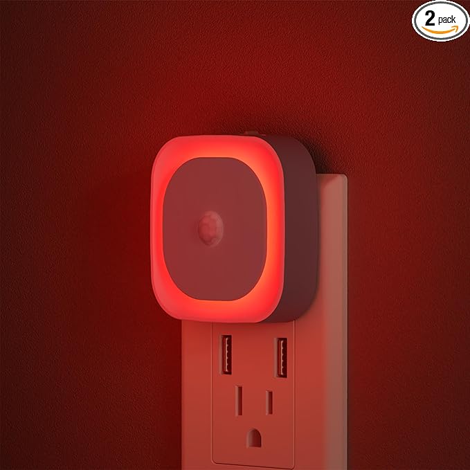 YUNLEX 2 Pack Plug in Red Sleep Night Light with Motion Sensor & Dusk to Dawn Sensor, Soft Glow, 0% Blue Light True Red, Dimmable, Auto On/Off, LED Lights for Bedroom, Sleep, Kids, Bathroom, Hallway