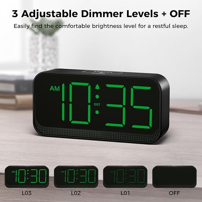 Acedeck Battery Operated Digital Clock: Cordless Small Alarm Clock for Bedroom Travel - Large Numbers 4 Dimmers for All Ages Green Digits