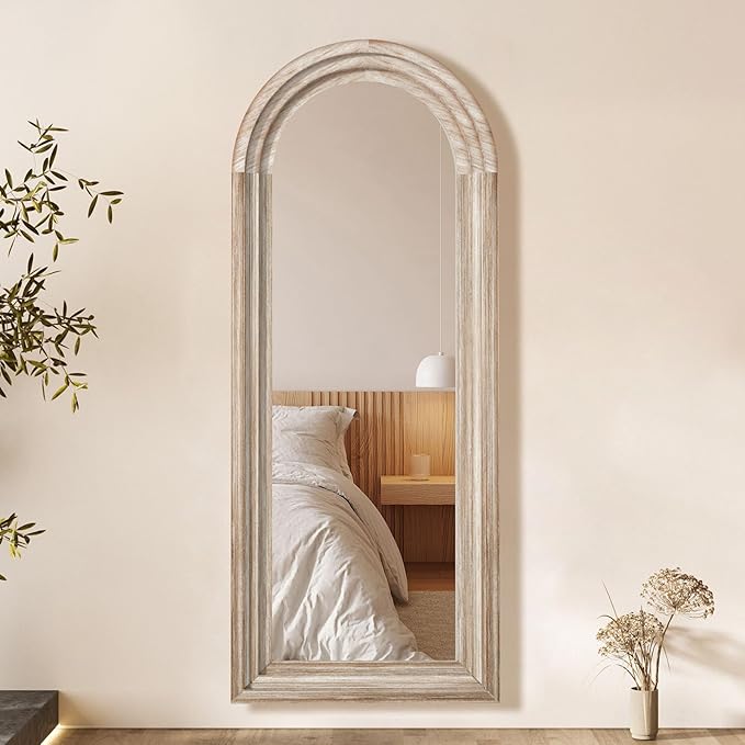 CASSILANDO Arched Full Length Mirror with Solid Wood Frame 65x24 Inch Wall Mounted Floor Mirror, Vertical Hanging Leaning Standing Mirror for Living Room, Bedroom, Entryway, Rustic White