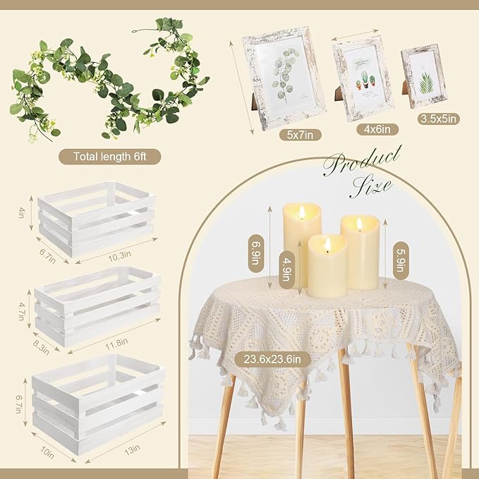 Yuntau 11 Pcs Rustic Nesting Wedding Decoration Sets, Christmas Rustic Farmhouse Decor Wood Crates for Display Decorative Box Storage Baskets Vintage Decor with Candles for Xmas Party Event(White)