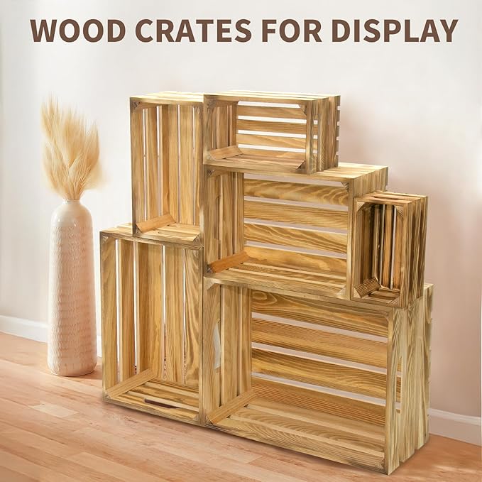Extra Large 6 Pcs Decorative Wood Crates for Display, Farmhouse Wooden Basket for Storage Container and Decorations, Rustic Nesting Crates Decor Boxes with Handle