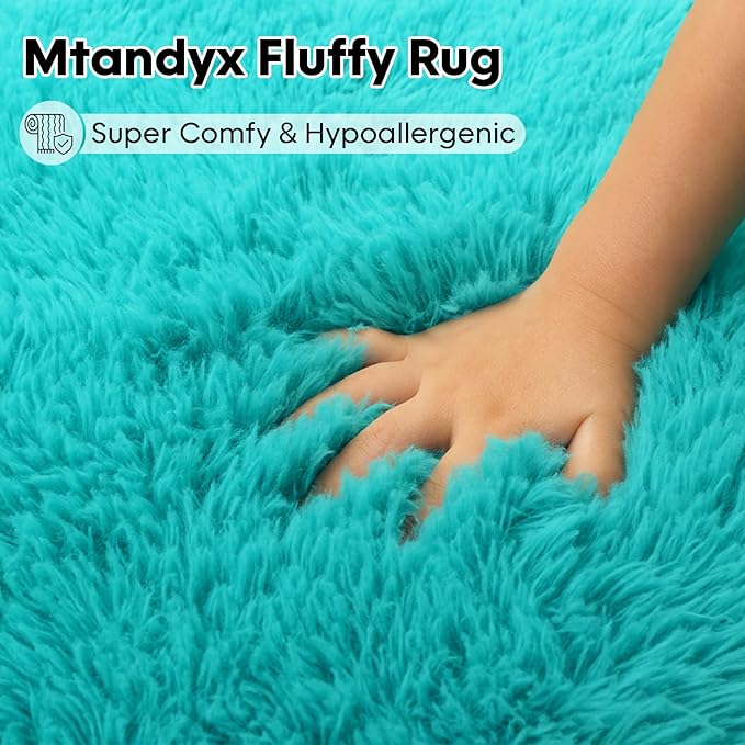Teal Blue Plush Rug 6x9, Fluffy Shag Carpet Non-Slip, Area Rug for Living Room Bedroom, Modern Soft Rug for Kids Dorm, Hypoallergenic Easy-Clean
