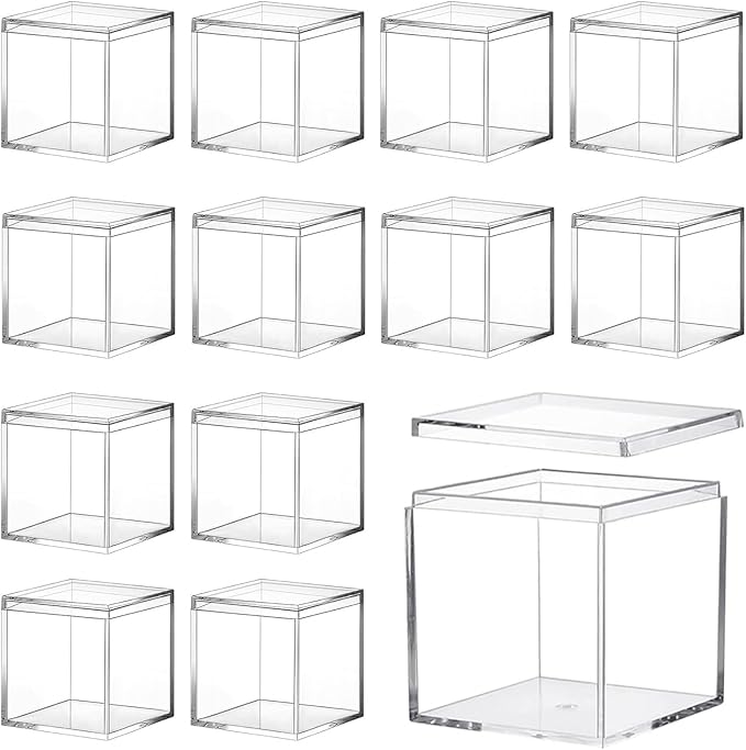 12 Pcs Clear Small Acrylic Box Plastic Acrylic Square Cube with Lid, 3.15×3.15×3.15 inches Gifts Box Storage Containers Display Box for Cosmetics, Jewelry, Party Favors, Makeup, and Tiny Item