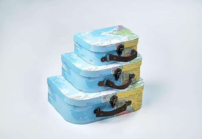 wald imports - Set of 3 Paperboard Suitcases -Decorative Storage Boxes - Suitcase Set for Decoration, Storage, and More (Blue Map)