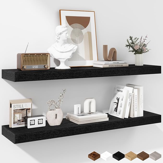 Fun Memories 36 Inch Floating Shelves - Deep Rustic Black Wooden Wall Shelves - Extra Deeper & Thicker Wall Mounted Storage Shelf for Bedroom, Kitchen, Farmhouse - 2 Pack, Rustic Black