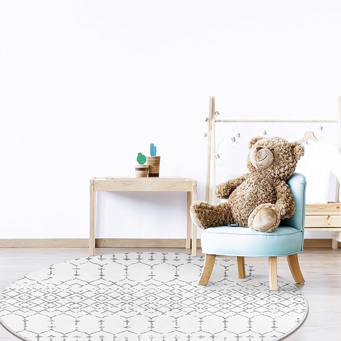 Lahome Moroccan Round Rugs 4Ft Washable Non-Slip Small Round Area Rug for Bedroom Soft White Low-Pile Round Throw Rug, Modern Geometric Print Indoor Circle Rugs for Kitchen Living Room Nursery Hana