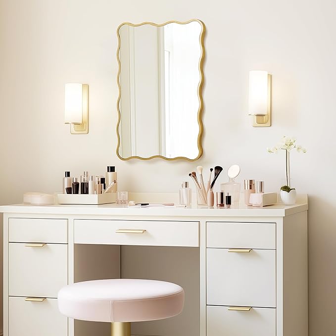 Gold Wavy Bathroom Mirror 20x30 Rectangle Scalloped Farmhous Mirror Modern Wood Farme Mirror Wall Decor for Bathroom Entryway Living Room Bedroom Hallway
