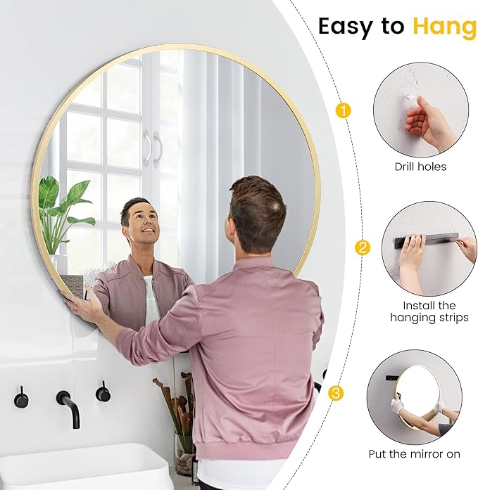 GarveeHome Gold Circle Mirror for Bathroom, 24 Inch Aluminum Alloy Frame Round Mirror, High Definition Eco-Friendly Round Bathroom Mirror for Over Sink, Wall Mirror for Entryway, Bathroom, Vanity