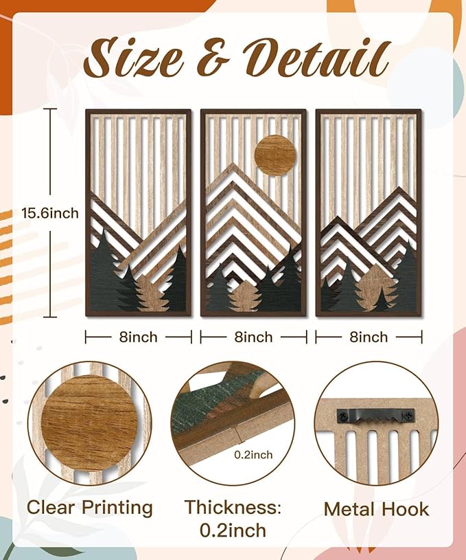 Putuo Decor Boho Mountain Wall Art Set of 3, Rustic Wooden Wall Decor, Nature-Inspired Geometric Artwork, Mid-Century Modern Aesthetic for Living Room, Bedroom, Office Brown 16.5 x 8.6 inch