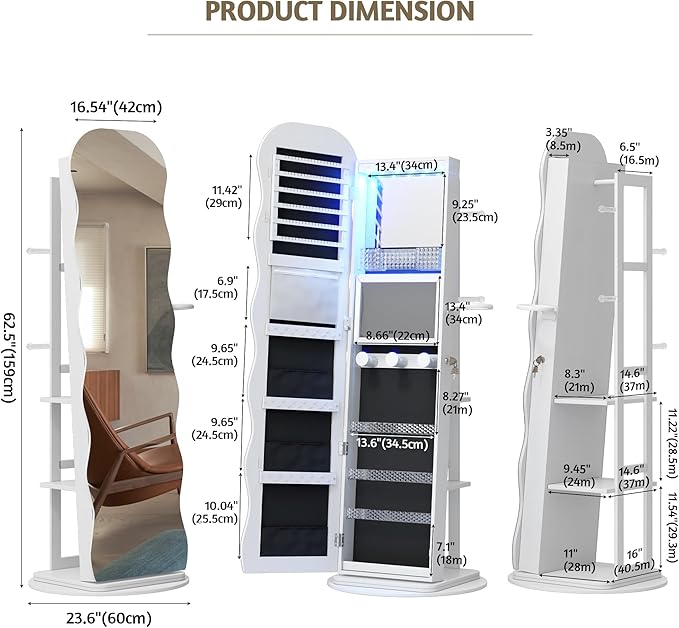 Vlsrka 360° Swivel Jewelry Aromire with Wavy Mirror, Lockable Jewelry Organizer Mirror Full Length, Rotatable Standing Mirror with Storage, Jewelry Cabinet, Interior Mirror, Flodable Shef (White)
