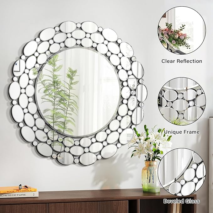 35" Large Round Wall Mirrors, Modern Silver Mirror for Wall Decor, Elegant Decorative Mirror for Entryway, Living Room, Bedroom, Bathroom, Dining Room