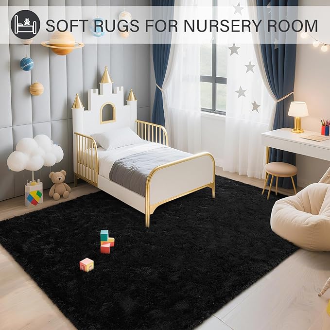 BENRON Fluffy Rugs for Living Room 6x9 Black, Washable Large Area Rugs for Bedroom Dining Table Office Kids Nursery Room, Washable Indoor Floor Carpets