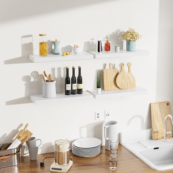 Bellsal White Engineered Wood Wall Shelf Set of 6, 16" Modern Floating Shelves for Kitchen, Living Room, Bedroom, Bathroom Storage, Book Shelf Home Decor