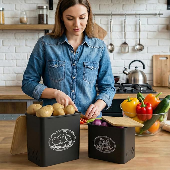 Lifewit Potato and Onion Storage Bin, Stackable Garlic Keeper with Aerating Holes and Lid, Plastic Vegetable Container Box for Pantry Countertop, Black, 24 x 18 x 24 cm/9.5 x 7 x 9.5 inch, Set of 2