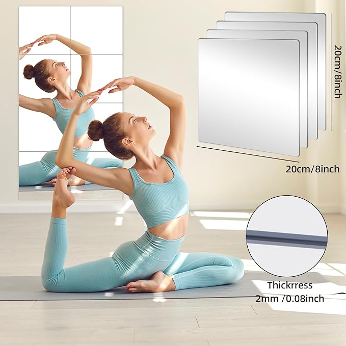 Stick on Small Mirror for Wall Decor Plastic Non Glass Sticky Kids Safety Toddler Mirrors, 4 Pack 15.8”x15.8” Acrylic Mirror Tiles Shatterproof Mirrors Sheet for Bedroom Unbreakable Adhesive Mirror's