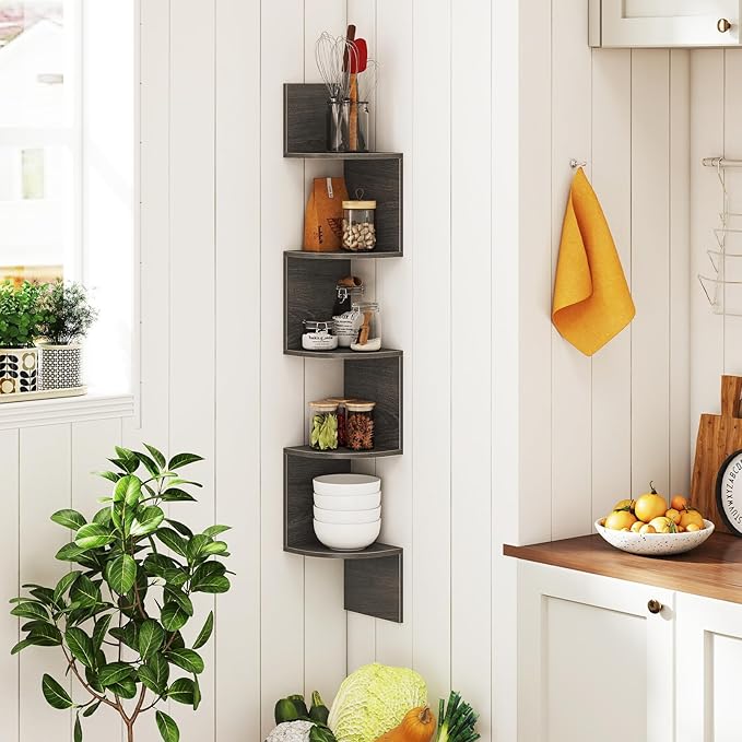 Giantex Corner Shelf Wall Mounted, 5-Tier Floating Corner Bookshelf, Home Storage Organizer, Wooden Display Stand Rack for Wall, Plant Shelf for Living Room, Bedroom, Kitchen (1,Oak)