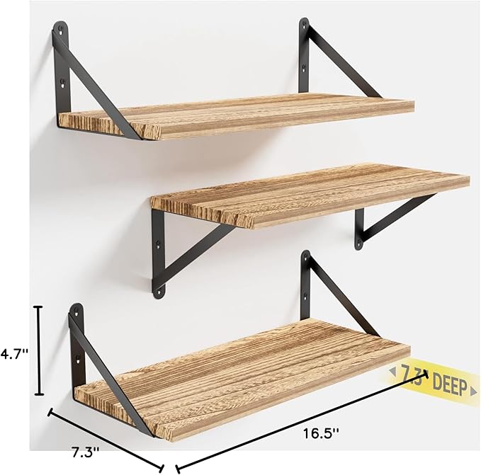 COCOYA Wall Shelves 7.3" Deep Set of 3, Solid Paulownia Wood Wider Longer Sturdy Easy to Install Wall Mounted Bookshelves Storage Shelves Bathroom Home Office Laundry Room Bedroom Organizer