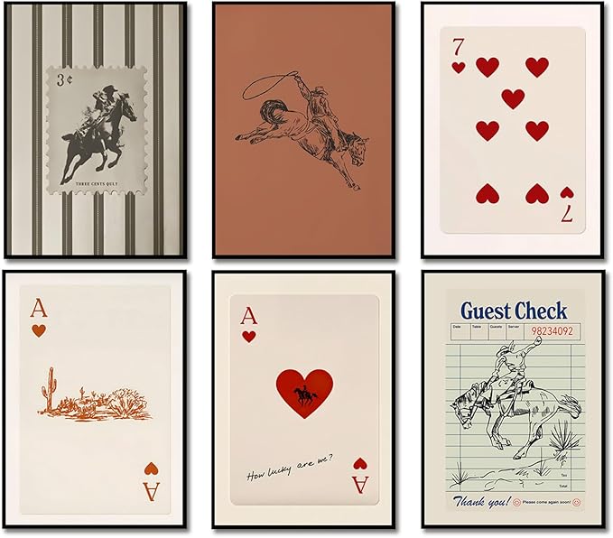 Vintage Western Cowboy Poster Set of 6, Southwestern Wall Art Playing Card Canvas Prints Mid Century Striped Western Wall Decor Paintings for Bedroom Living Room Dorm 12x16 inch Unframed
