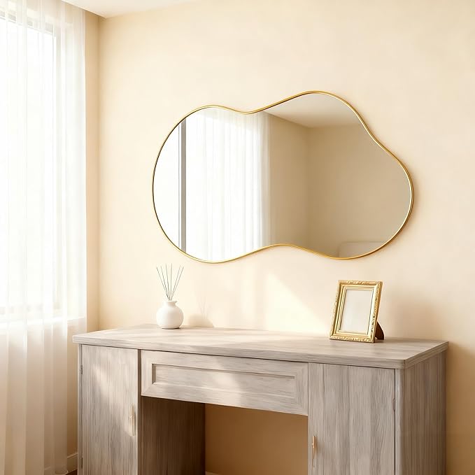 Itrue 20x36 Inch Gold Framed Irregular Tempered Glass Wall Mirror, Asymmetrical Vanity Mirror for Bathroom, Bedroom, Entryway