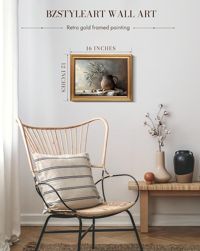 Bzstyleart Vintage Wall Art Decor, Gold Framed Wall Art 12 x 16 Inch Pottery Jar Olive Branch for Office, Canvas Picture Print Painting for Bedroom Living Bathroom Dorm