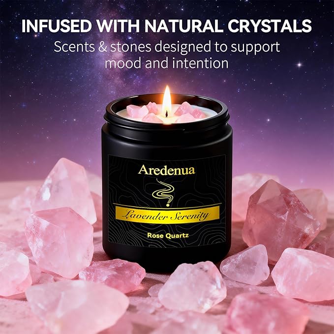Lavender Candle for Sleep and Stress Relief, Rose Quartz Crystal Healing Candle with Natural Soy Wax, Scented Candle for Relaxation, 7oz Long Lasting 50 Hours, Calming Gifts for Women Men