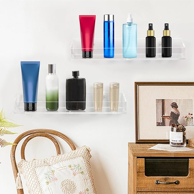 2 Pack Acrylic Bathroom Shelves, Clear Acrylic Shower Caddy Organizer, 15" Invisible Floating Shelves for Book/Figures/Photo/Makeup in Bathroom, Living Room, Bedroom, Kitchen