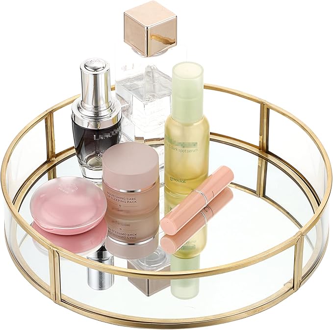 ELLDOO Gold Round Glass Decorative Tray, 9.9inch Metal Mirrored Jewelry Tray, Makeup Perfume Organizer for Bathroom Sink Vanity Dresser