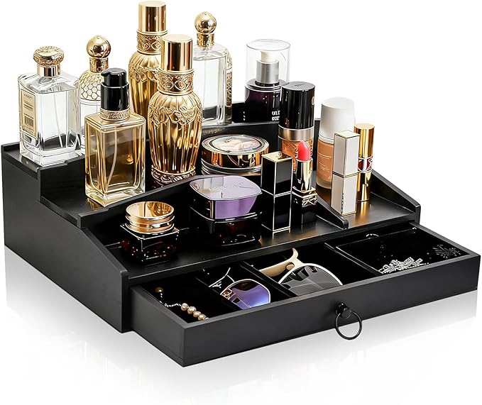 Foraineam Perfume Organizer, 3 Tier Wood Perfume Display Stand for Dresser, Black Wooden Fragrance Holder Shelf Display Risers with Felt Lining Drawer and Hidden Compartment