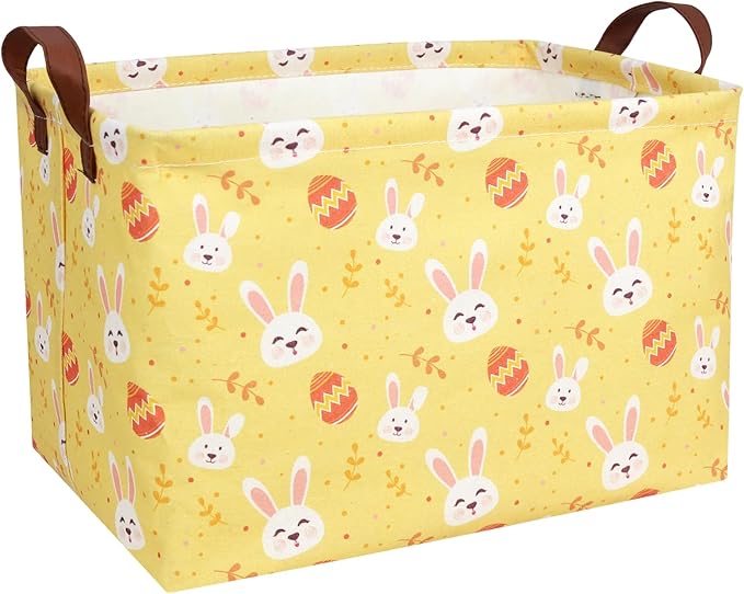 Large Rectangular Cute Kid Easter Basket Empty Bunny Eggs Easter Basket Gift Spring Room Storage Organizer Décor (Rabbit Egg Yellow Background)