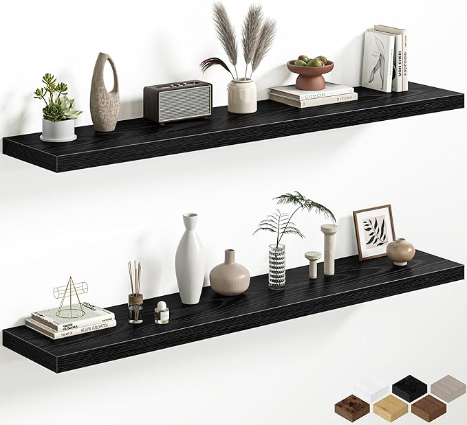 12 Inch Deep Floating Shelves, 60W x 12D Floating Shelf for Books, Rustic Wood Deep Wall Shelves for Home Storage & Display, 1.5" Thicked Shelves for Kitchen, Living Room, Bedroom, Black, 2 Pack