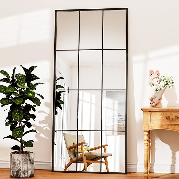Rowjut Full Length/Floor Mirror, 71"x 32" Window/Wall Decorative Mirrors, Aluminium Framed Window Pane Mirror, Square Wall Mirror for Entryway, Living Room, Bedroom, Fireplace (Black)