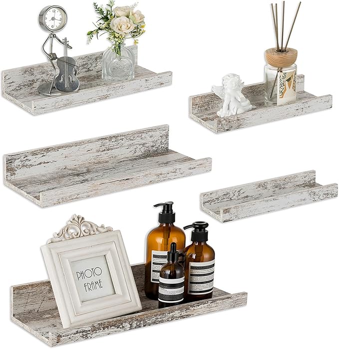 Rustic Shelves Wall-Mounted Distressed White - Farmhouse Wall Shelves 15.8 inch Wood Wall Decor Decorative Small Floating Ledge Shelf for Bedroom Living Room
