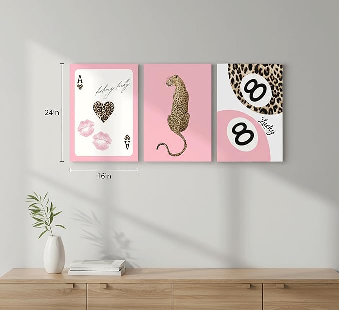 3Pcs Pink Trendy Leopard Print Canvas Wall Art, Fashion Cheetah Posters,Luxury Playing Card Pictures,Y2k Preppy Aesthetics Wall Decor for Girls' Room Bedroom Dorm Apartment. 16x24in Framed