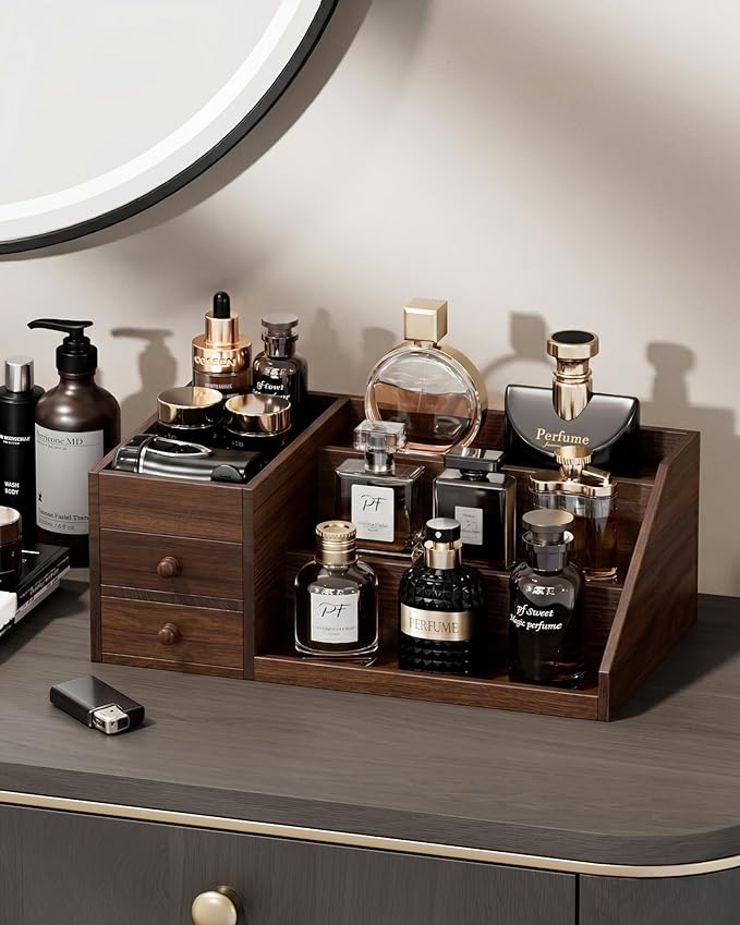 ProCase Wooden Cologne Organizer for Men, 3-Tier Elevated Wood Perfume Storage Display Shelf with Drawers, Dresser Storage Stand Riser for Fragrance Skin Care, Gift for Boys Men Dad Husband -Brown