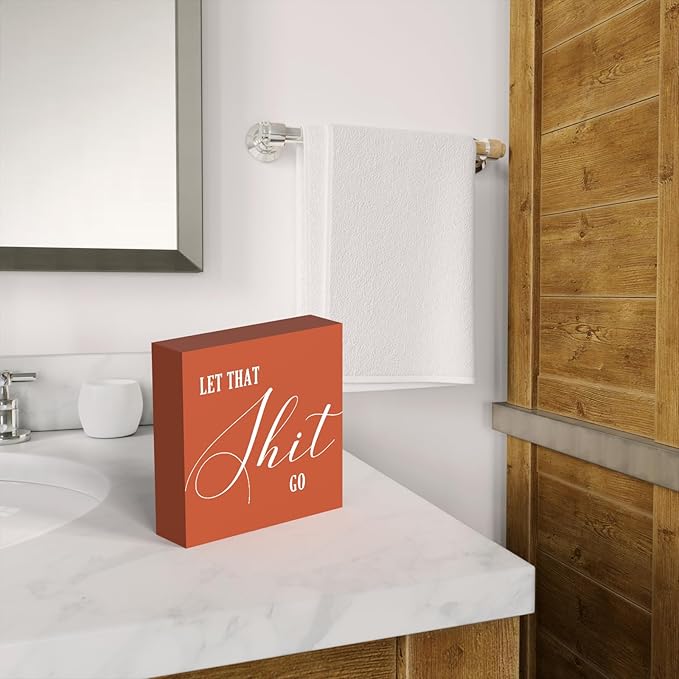 Funny Bathroom Sign, Orange Wood Box Decor for Half Bathroom, Humorous Farmhouse Shelf & Desktop Sign for Home or Office