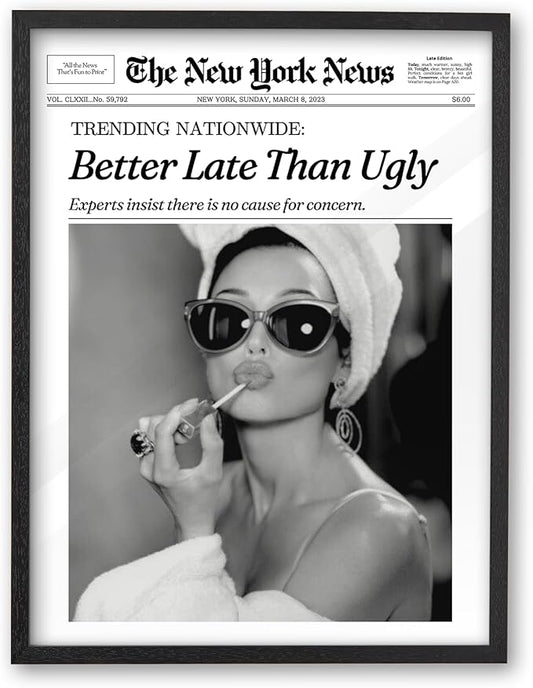 iHery Small Premium Natural Black OAK Wood 8x10in Audrey Hepburn Trendy Framed Wall Art, Vintage Funny Better Late Than Ugly Canvas Bathroom Wall Decor Essential,Girly Dorm Bedroom Living Room 1Pack