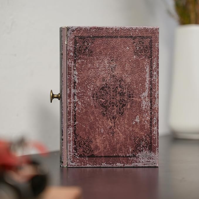 Book Storage Box with Drawer, Distressed Reddish Brown Faux Leather Cover with Classic Damask Pattern, Hidden Vintage-Style Organizer for Jewelry or Keepsakes, 9.5″ x 6.7″ x 2″