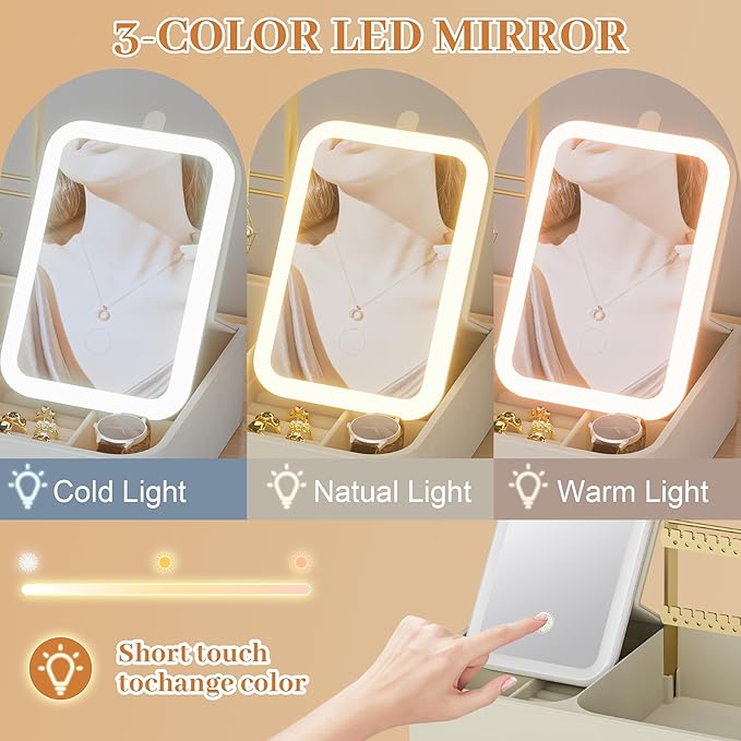 Jewelry Stand With Makeup Mirror, 4 Tiers Jewelry Holder Organizer, Jewelry Display Stand for Bracelet, Necklace, Earrings, Rings, 1000mAh 3-Color Lighting Makeup Mirror, Beige