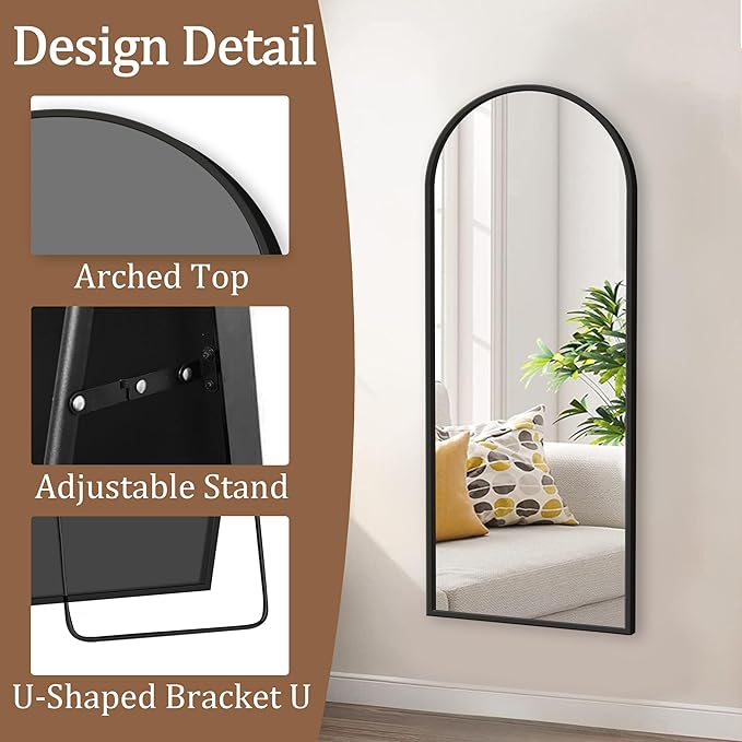 GlasFlength Full Length Mirror with Stand - 56" x 19" Arched Aluminum Alloy Frame Full Body Mirror, Standing Hanging or Leaning Wall Floor Mirror for Bedroom Living Room Entryway, Black