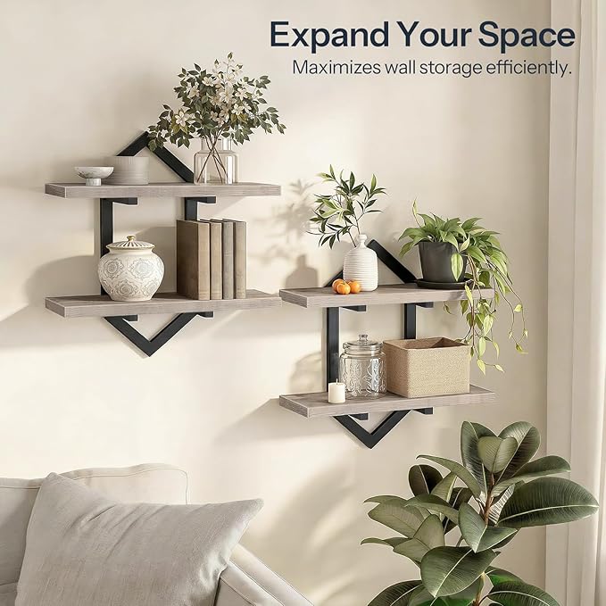 HOOBRO Floating Shelves, 15 Inch Wall Shelf Set of 2, Wall Mounted Storage Shelves 2-Tier, Hanging Bathroom Shelves, for Living Room, Bedroom, Bathroom, Kitchen, Greige and Black BG13BJP201