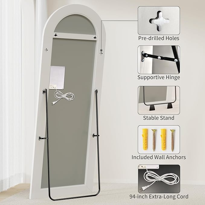 Koonmi LED Full Length Mirror, 71"x32" Full Length Mirror with Lights, Lighted Floor Mirrors with Stand, Full Body Mirrors with Dimming & 3 Color Lightingfor Living Room Cloakroom, White