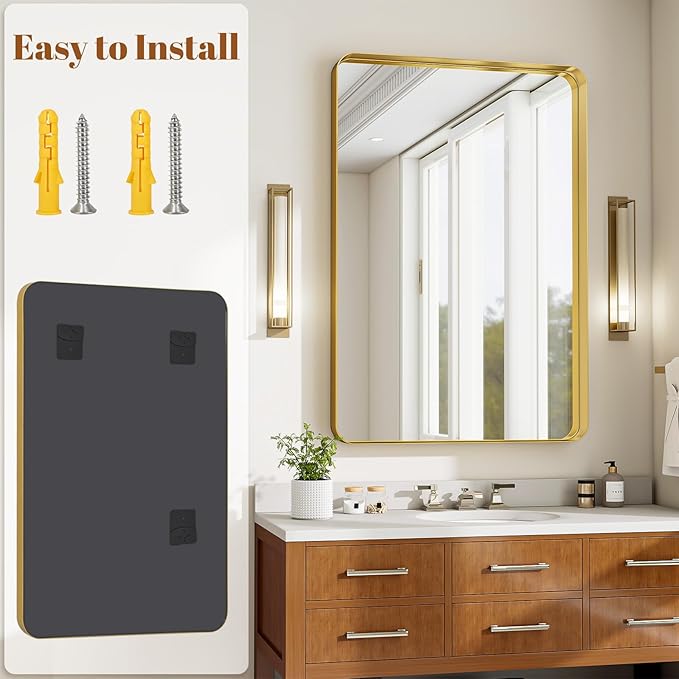 Bathroom Mirrors for Over Sink 24 x 32 Inch Rounded Rectangle Bathroom Vanity Mirror Bathroom Mirror for Wall Hangs Horizontally or Vertically for Living Room Bedroom Entryway Gold