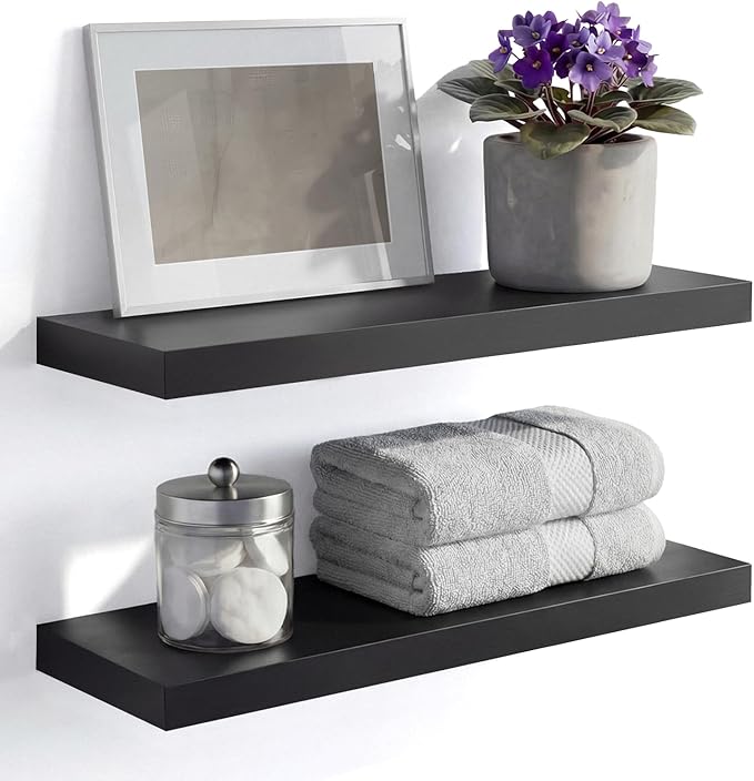 Homeforia Black Floating Shelf 20 inch, High End Solid Real Wood 20inch Bathroom Floating Shelves for Wall Mounted, Black Wooden 20in Floating Shelves, Heavy Duty Bracket, 20 X 6.5 X 1.75 in, Set of 3