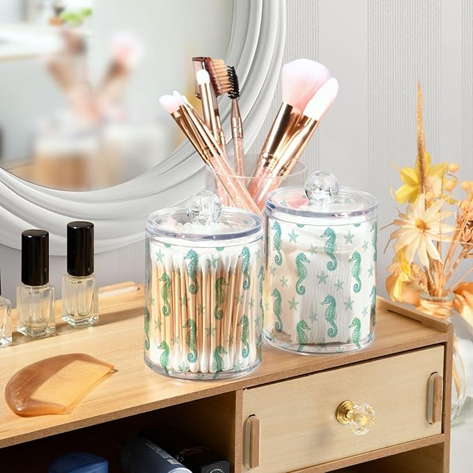 Green Seahorses Starfish Print Bathroom Containers Holder with Lids Set Clear Jars 2 Pack Plastic Makeup Storage Organizer 4.13 x 2.75In for Cotton Swabs Pads Hair Clips