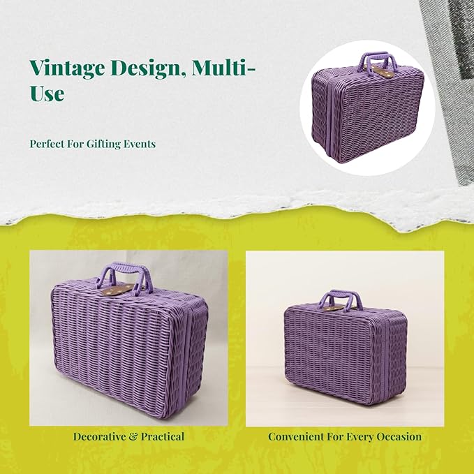 Woven Suitcase Imitation Rattan Storage Basket Gift Box Rustic Picnic Suitcase Handwoven Storage Case for Travelling Bathroom, Violet L